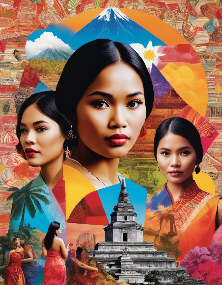 A dynamic collage featuring iconic landmarks of the Philippines, a vibrant gossip magazine cover with headlines, and silhouettes of diverse Filipina women looking intrigued. The background should be a colorful blend of traditional Filipino patterns and modern gossip elements like phones, microphones, and social media icons. The mood should be lively and engaging, capturing the essence of trending scandals. vibrant colors. 3D.