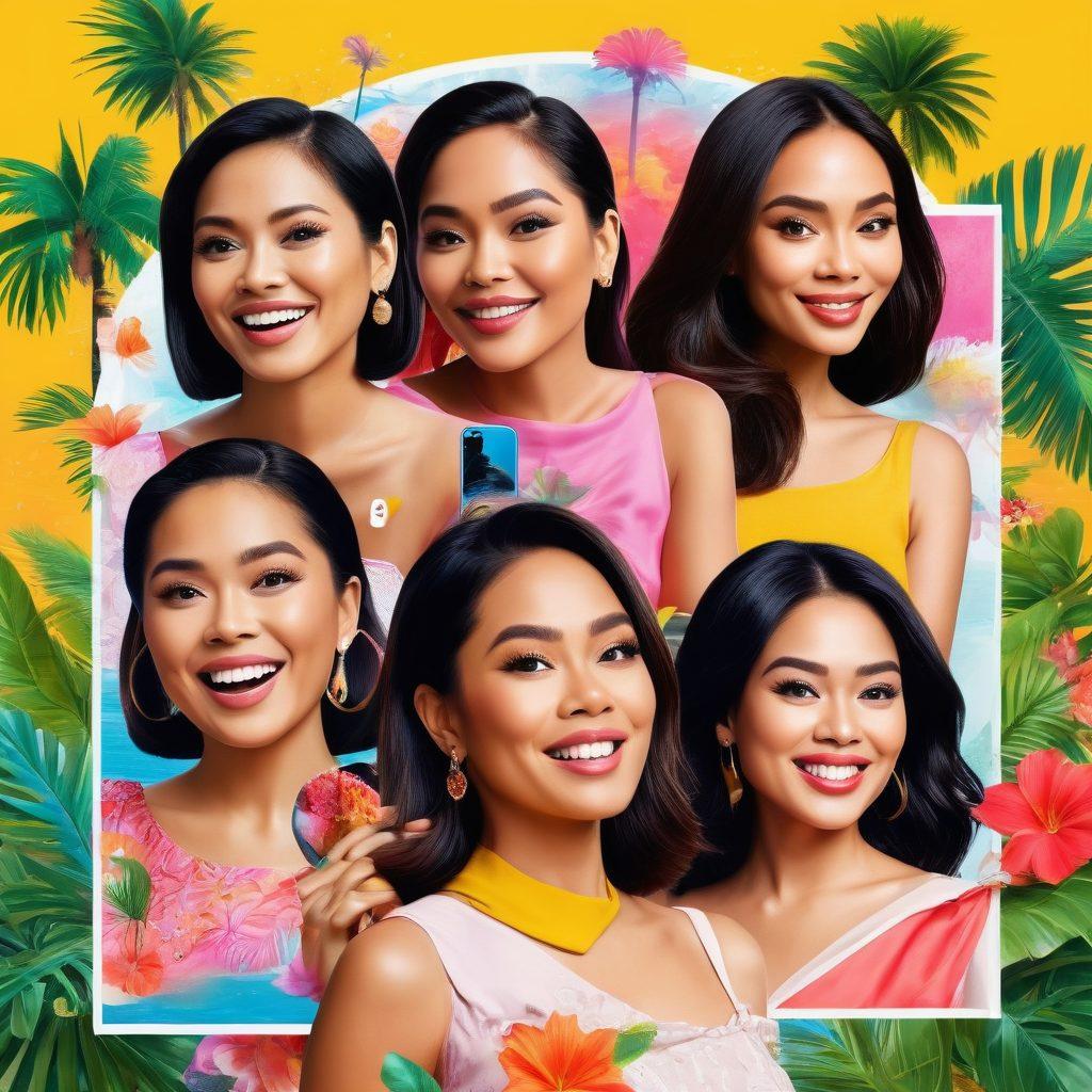 A dynamic collage of iconic Filipina celebrities surrounded by talk bubbles filled with gossip headlines. Include a modern smartphone displaying viral video clips alongside a vibrant, tropical backdrop symbolizing the Philippines. Add elements of social media icons and a lively crowd in the background to convey excitement. Art style: bright and colorful with a playful, cartoonish twist.