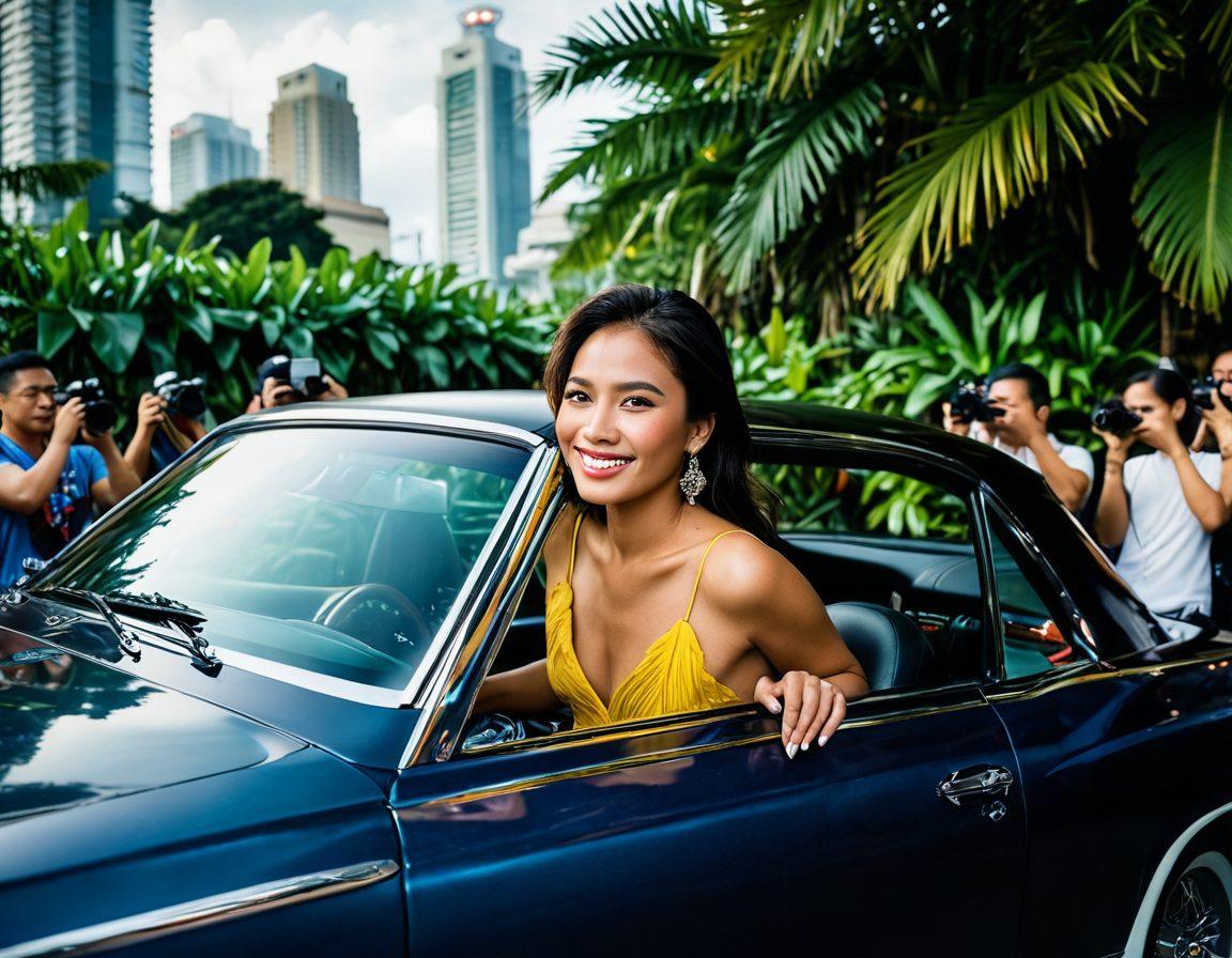 A dramatic scene depicting a glamorous Filipino celebrity stepping out of a luxury car, flanked by paparazzi capturing her every move amidst swirling gossip headlines in the background. Incorporate elements like tropical plants, Manila skyline, and flashing camera lights to emphasize the cultural context. The mood should combine glitz with an undercurrent of tension, showcasing both the allure and chaos of celebrity scandals. super-realistic. vibrant colors. dynamic composition.